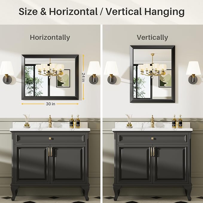 Black Metal Framed Bathroom Wall Mirror, 24x30 Inch | Anti-rust, HD tempered glass, for bathroom vanity, bedroom, living room, horizontal or vertical mount