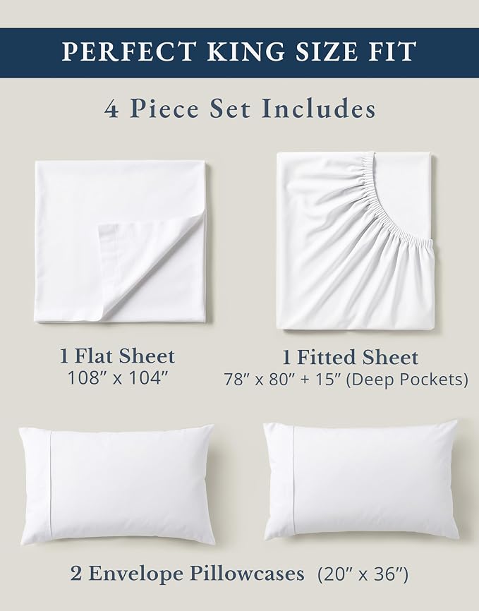 LANE LINEN King Sheets 100% Organic Cotton 4pc Percale Cooling Soft - White | GOTS Certified Organic Cotton Percale King Sheet Set - For Hot Sleepers, All-Season Comfort, For Master Bedrooms