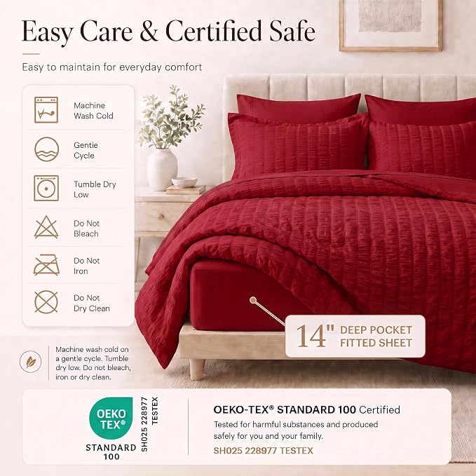 Oversized King Seersucker Comforter Set, Dark Red, 120 x 98 in | OEKO-TEX Certified, 7 Pieces Bed in a Bag with 240 GSM Down Alternative Comforter, Flat & Fitted Sheets, Pillowcases & Shams