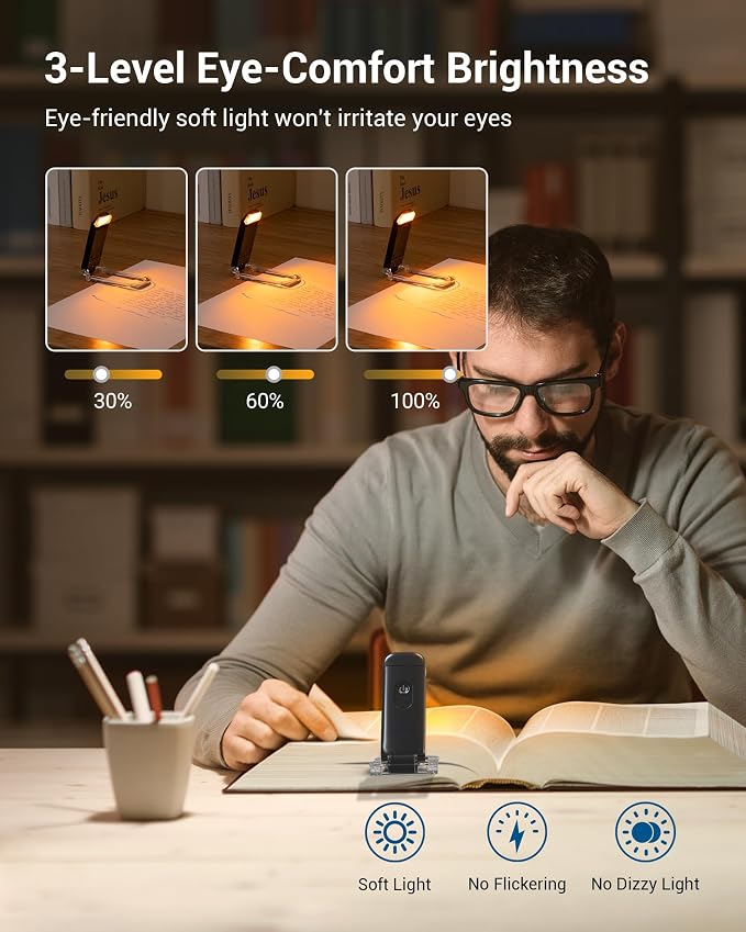 DEWENWILS Book Light, Amber Warm Clip On LED with 3 Adjustable Brightness for Eye Protection, Rechargeable USB Long Lasting Reading Light, Gifts for Bookworms, Kids (Black) | Amber Glow, 3 Brightness Levels, Flexible Lighting Angle, Compact & Lightweig...
