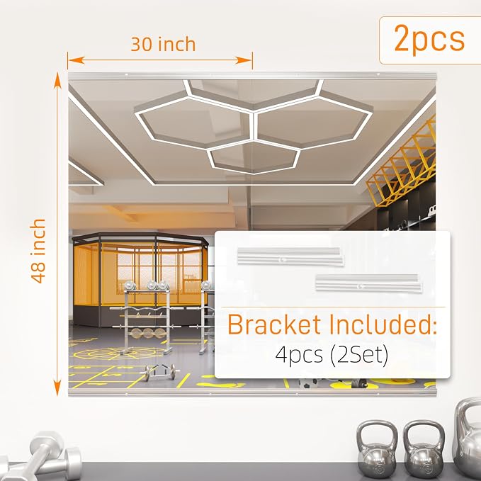 pertetey 48 x 30 in Home Gym Mirrors, Frameless, 2-Pack | Tempered Glass, Full Body View, Wall Mounted for Yoga, Exercise, Dance Studio