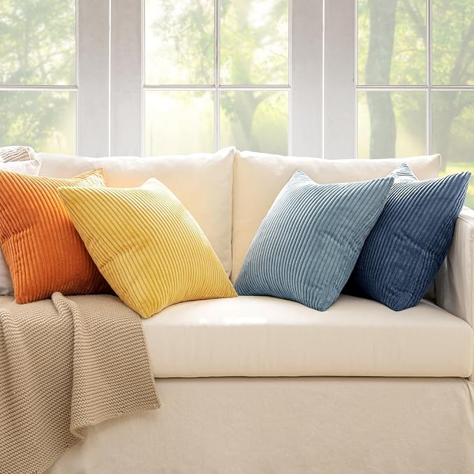 MIULEE Soft Corduroy Decorative Throw Pillow Covers Blue-Orange 20x20 | Set of 4, Mordern Nordic Coastal Decor, Summer Sky Wheat Set, Boho Farmhouse Cushion Covers for Couch Bed Sofa Living Room