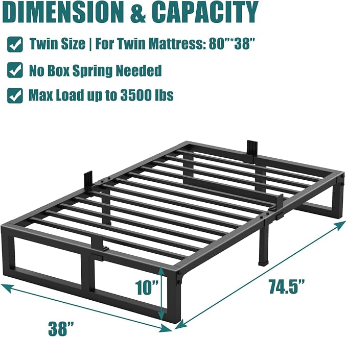 Yitong Angel 10 inch Twin Bed Frame Low Profile Metal Platform Frames with Mattress Slide Stopper,Heavy Steel Slats Support,No Box Spring Needed,Noise Free,Non-Slip,Easy Assembly
