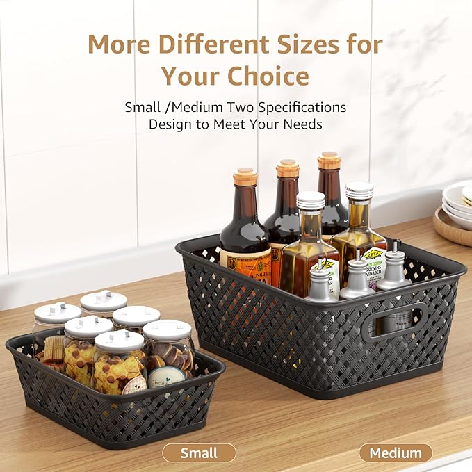 MaxGear 3 Pack Plastic Storage Baskets, Medium, Black | Durable Woven Plastic with Built-In Handles, Suitable for Shelves, Closets, Cabinets, Bathrooms and Offices
