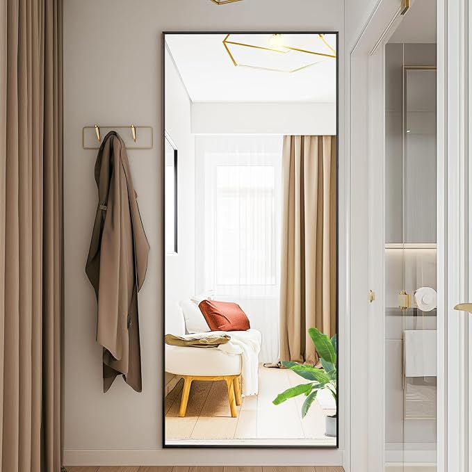 21"x64" Mirror Full Length, Upgraded Body Wall Mirrors | Shatter-Proof Glass, Floor Standing, Hanging or Leaning, Tall Mirror with Stand Aluminum Alloy Frame for Bedroom, Black