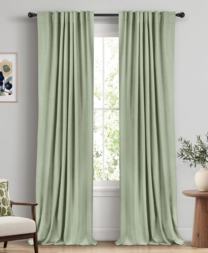 Faux Linen Total Blackout Curtains for Bedroom 84 Inches Long, Sage Green | 100% Blackout Shield, Back Tab/Rod Pocket Living Room Drapes, Thermal Insulated Blackout Curtains 2 Panels Set, 50"W x 84"L