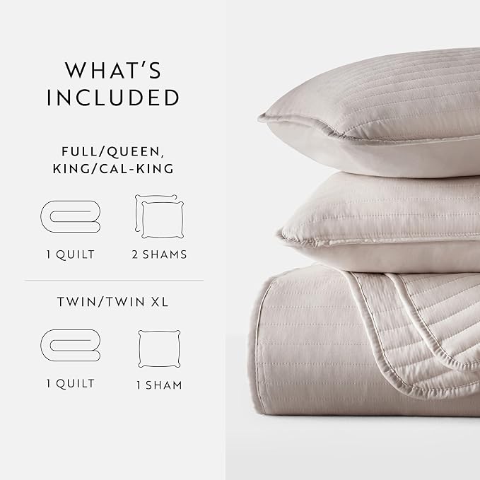 Merit Linens Modern Quilt Coverlet Soft Set in Stripe Stitching - King/Cal-King Latte