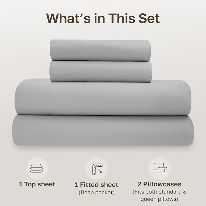 California Design Den Organic Cotton Queen Size Bed Sheet Set, Light Grey | GOTS Certified, Lightweight Crisp & Airy Percale For Hot Sleepers, 15" Deep Pocket, All-around Elastic, Easy Care