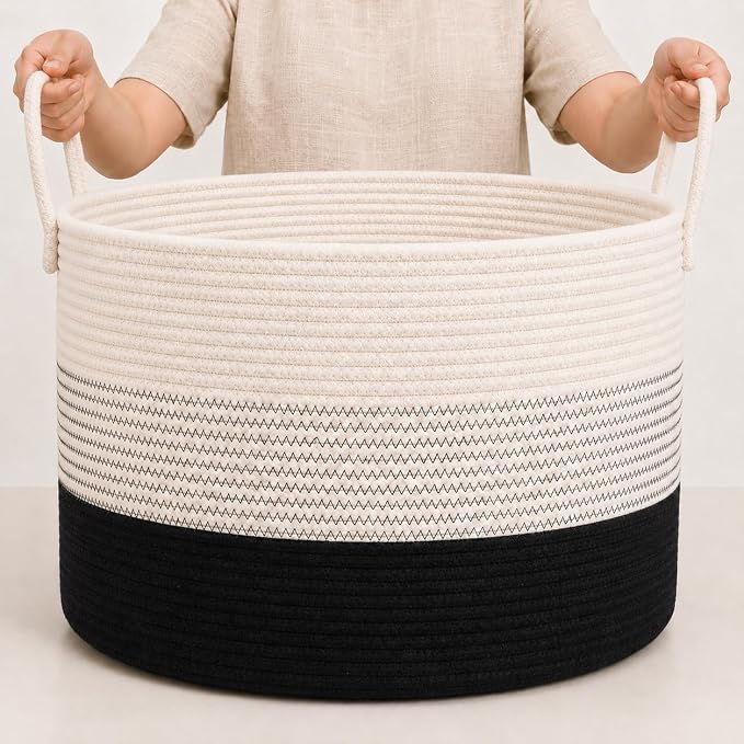 OrganiHaus Round Toy Basket & Blanket Basket, Cotton Rope 20x13" | 3-Toned Black - Round Cotton Rope Basket, 20x13"