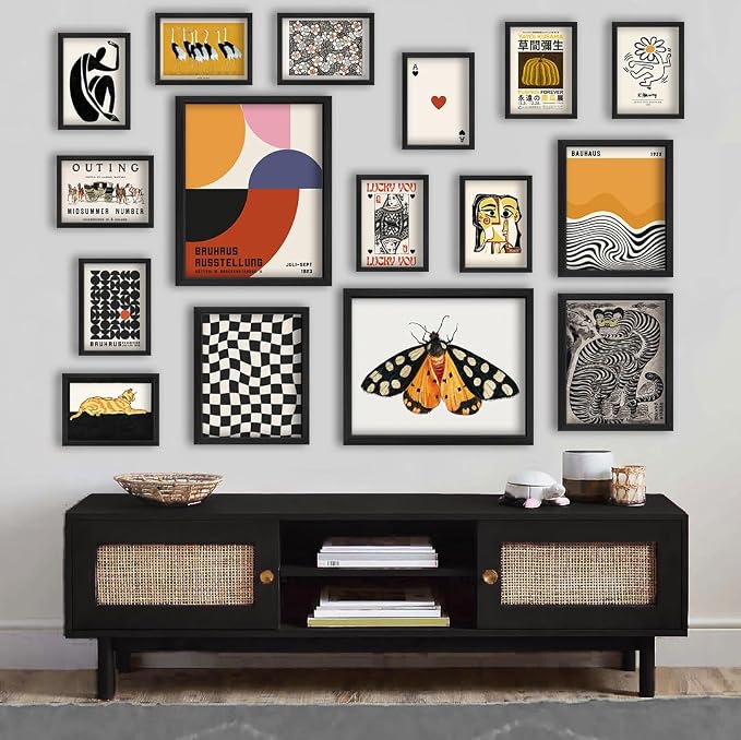 ANERZA 16 PCS Wall Art Unframed Eclectic Wall Art Decor, Modern Maximalist Wall Prints for Bedroom, Bauhaus Posters for Room Aesthetic, Retro Abstract Wall Collage Kit for Living Room, Funky Dorm Gallery Home Decor