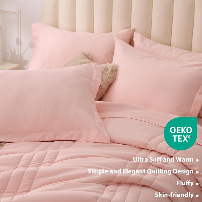 Twin Comforter Set Pink - Bed in a Bag Twin Size 5 Pieces, Soft Bedding Set for All Seasons, Premium College Dorm Comforter Set with Comforter, 1 Sheet, 1 Pillowcase & 1 Sham