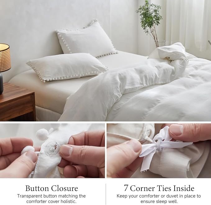 Simple&Opulence French Linen Blended Duvet Cover King, Flax Viscose Derived from Bamboo Bedding Set with Pom Pom Trim Soft Cooling for Hot Sleepers, 1 Boho Comforter Cover and 2 Pillow Shams, White