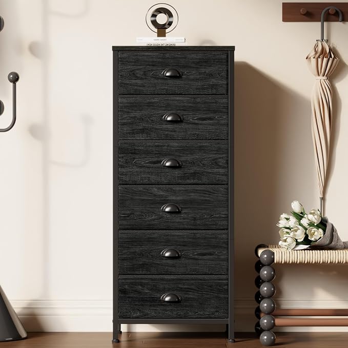 Furnulem Black Dresser for Bedroom, Tall Fabric Chest of Drawers | Bedroom Dresser with 6 Fabric Bins, Vertical Storage Drawer for Dorm, Organizer in Closet, Living Room, Wood Top, Metal Frame
