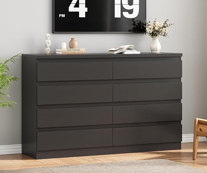MapleGrace Modern 8 Drawer Dresser, Simply Chest of Drawers for Bedroom, Wooden Storage Dresser with Deep Drawers for Living Room/Hallway/Entryway (Black)