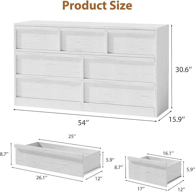 Garvee 7 Dresser for Bedroom, 54" Wide Dresser, Freestanding Horizontal Drawer with Storage, Wooden Closet Chest Storage for Living Room, Hallway, Entryway, White