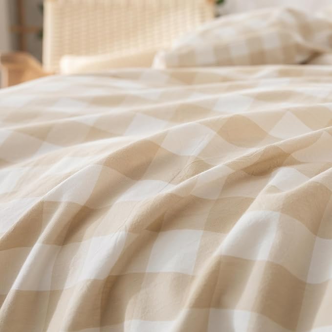 BESTOUCH Gingham Cotton Duvet Cover Set Almond Grey King | Washed Cotton, Linen Feel, Soft Wrinkle Texture, Hidden Zipper, 8 Ties, Breathable Lightweight Durable Comfy, 3 Pcs No Insert