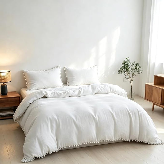 Simple&Opulence French Linen Blended Duvet Cover Queen, Flax Viscose Derived from Bamboo Bedding Set with Pom Pom Trim Soft Cooling for Hot Sleepers, 1 Boho Comforter Cover and 2 Pillow Shams, White