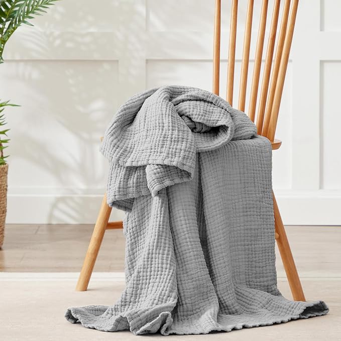 100% Cotton Muslin Blanket King 108" x 90", Breathable and Lightweight Cotton Throw Blankets for Bed, Soft Cooling Summer Gauze Blanket for Adults All Season, Light Grey