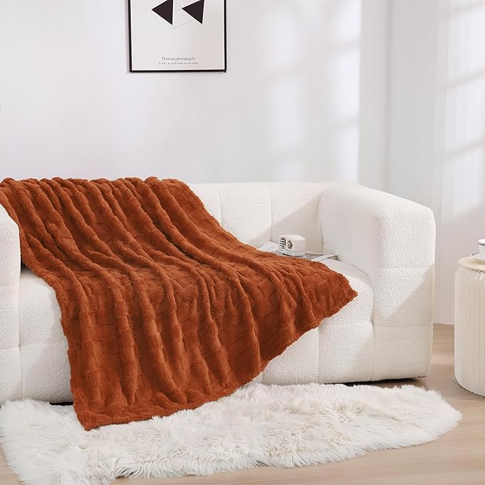 Burnt Orange Fleece Throw Blanket 50”×60”Checkered Design for Sofa | Super Soft Cozy Plush Microfiber 3D Square Pattern Flannel Blanket for Couch bed Lightweight for Adults,Women