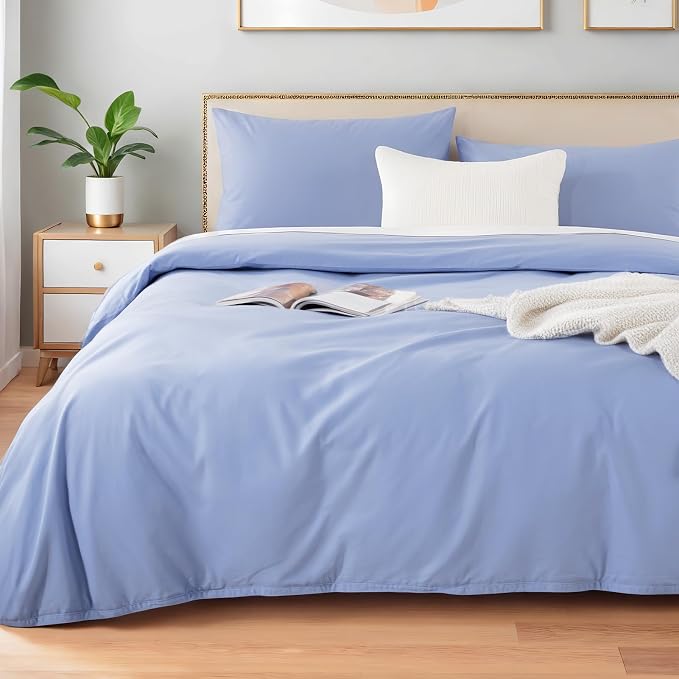 NEXHOME PRO Queen Duvet Cover Set, 100% Washed Cotton with Linen-Like Texture, Natural Organic, Breathable & Comfortable, Includes Home Bedding Set Baby Blue (No Comforter) 9090