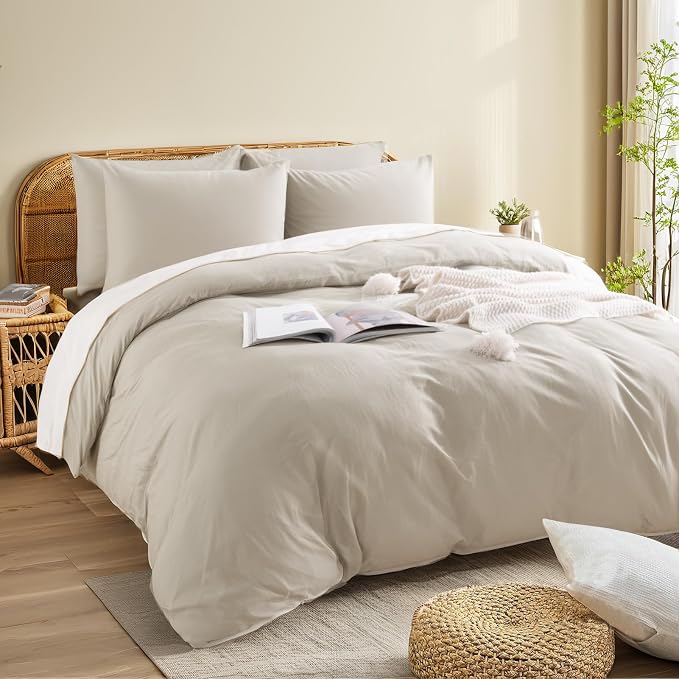NEXHOME PRO 100% Washed Cotton Duvet Cover Queen Size, Ogranic Natural Linen Feel Breathable Bedding Set with Zipper Closure, 3 Pieces Duvet Cover Set Linen (No Comfortert) 9090