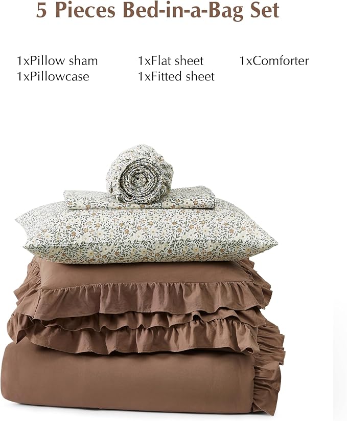 Twin XL Comforter Set-5 Pieces Ruffle Bedding Floral Sheet | Brown Bed in a Bag, Soft Lightweight All Season Farmhouse Twin XL Bedding Set with Floral Sheets, Pillowcases & Shams