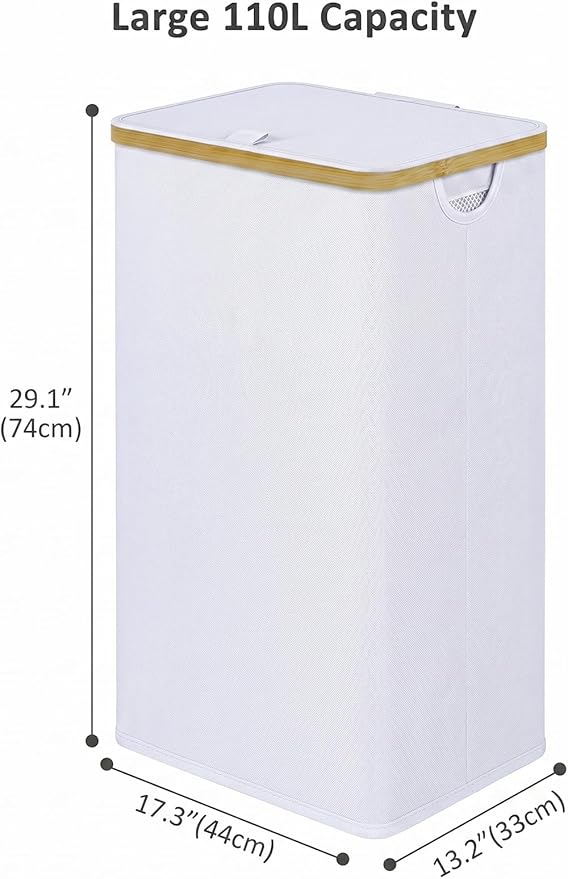 IEGrow Laundry Hamper with Lid,110L Laundry Basket with Mesh Bags,White | Dirty Clothes Hamper Basket with Bamboo Handle for Clothes Towels