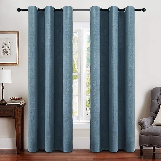 MIULEE 100% Blackout Linen Curtains for Bedroom 42x84 Inches Dusty Blue | Room Darkening, Light Blocking, Thermal Insulated, Grommet Top, Linen Textured, Window Curtains for Living Room, 2 Panels