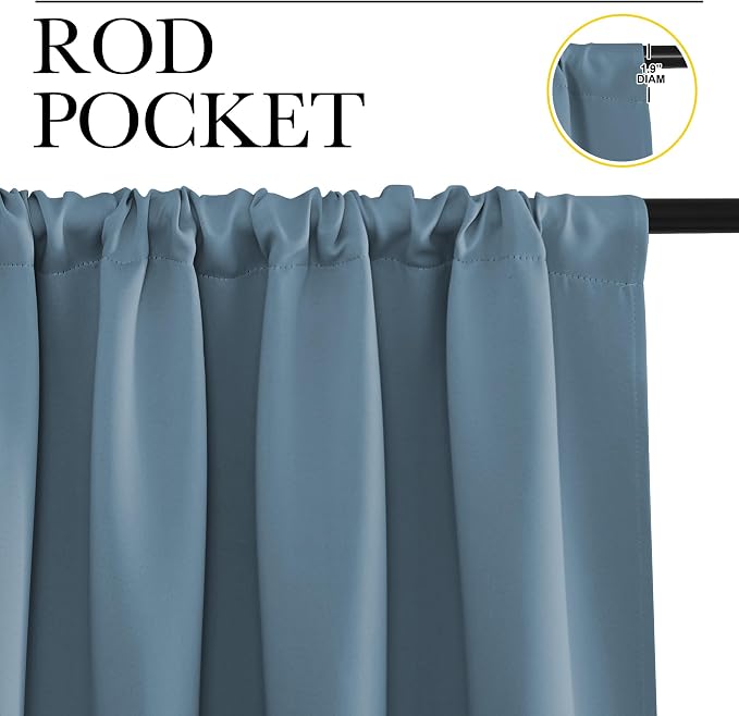 NICETOWN Kitchen Curtains, Short Blackout Drapes, Smoky Blue, 34" Wide by 54" Long, 2 PCs, Thermal Insulated Blackout Curtain Panels for Kids Room, Play Room
