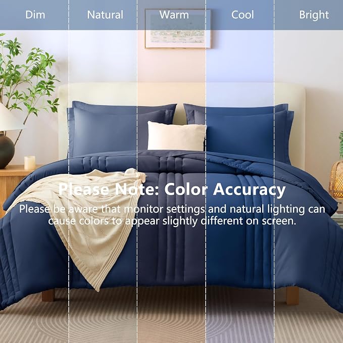 Super King Plus Comforter Set Navy Blue - Oversized 128x120 Bed Set | Maximum King-Bed Coverage, 240GSM Down-Alternative Fill, 14" Deep-Pocket Sheets, Shams & Pillowcases, Lightweight