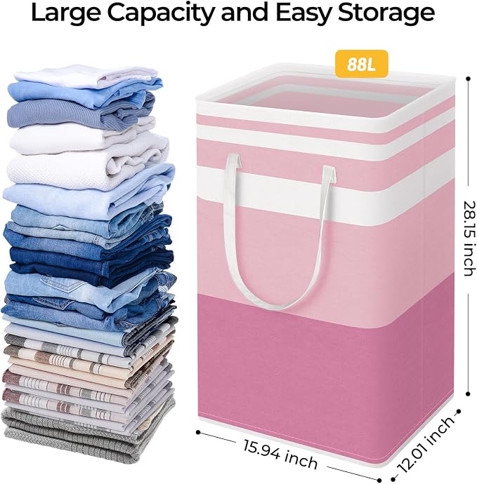 HomeHacks 2 Pack Laundry Baskets, Laundry Hampers Bags (Blue+Pink 88L) | Waterproof, Freestanding, Collapsible Clothes Hamper with Reinforced Handles in Laundry Room, Dorm, Bathroom, Bedroom