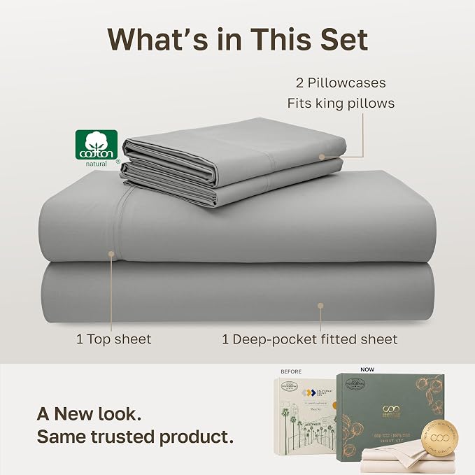 California Design Den 600 Thread Count King Size Bed Sheets Set, Light Grey | 100% Cotton Sateen Backed by Good Housekeeping Seal, Soft & Smooth, 16" Deep Pocket, All-Around Elastic, Durable, Easy Care
