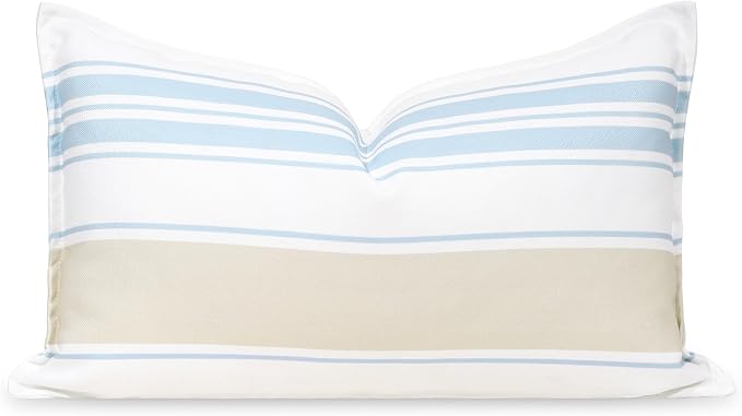 Hofdeco Premium Coastal Patio Indoor Outdoor Lumbar Pillow Cover Only, 12"x20" Water Repellent for Backyard, Couch, Baby Blue Neutral Tan Stripes