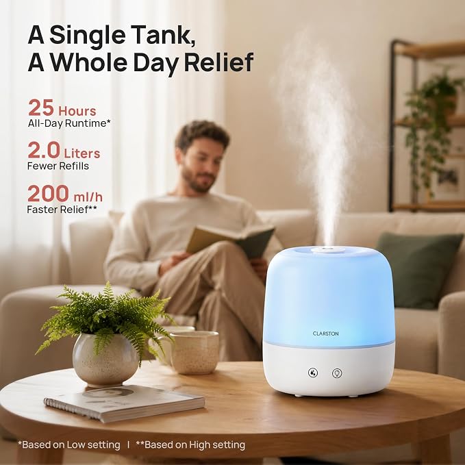 Clarston Humidifiers for Bedroom, 2L Cool Mist Humidifier, 24dB Quiet Sleep | 25H Runtime, Easy to Top Fill & Clean, Humidification for Baby Nursery & Plant, 360° Nozzle for Large Room, Nightlight,No BPA