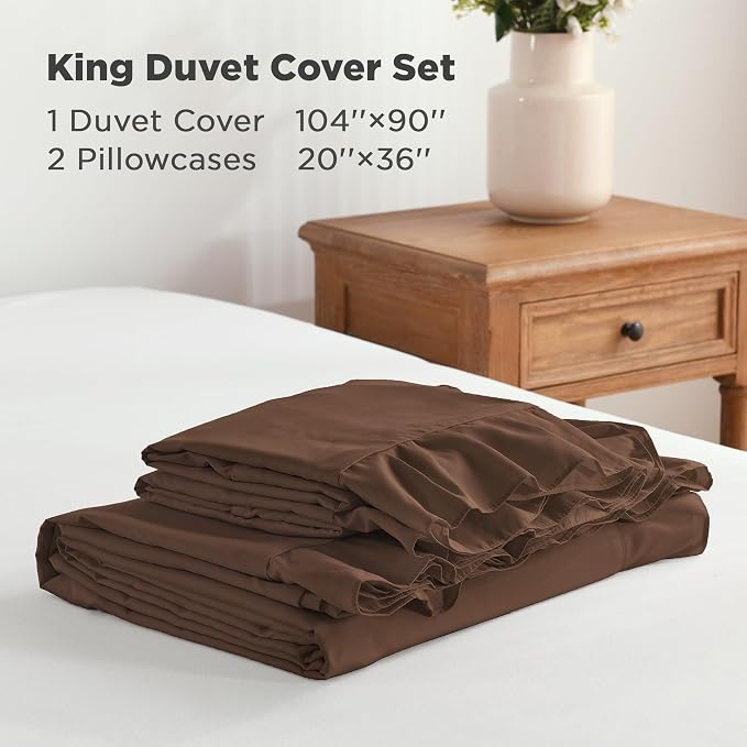 Andency Brown Ruffle Duvet Cover King, Shabby Chic Farmhouse Bedding Set | 3 Pieces Soft Washed Polyester Vintage Ruffled Comforter Cover Set with Zipper Closure & Corner Ties, 104x90Inch
