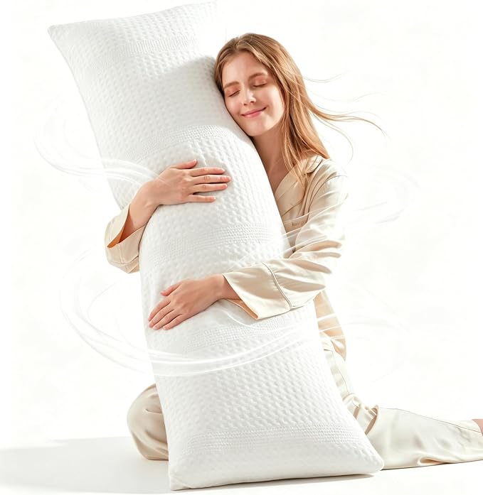 YZ HOME Waffle Weave Body Pillow for Adults, Memory Foam Insert | Long Pillow with Removable Pillowcase, Firm and Fluffy, Large Bed Pillows for Side Sleepers, Washable, 20x54 Inch, White