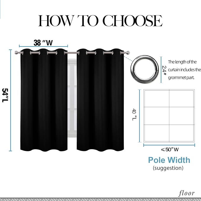 Black Blackout Curtains/38 x 54 Inch/Set of Two Panels Grommet Living Room Curtains