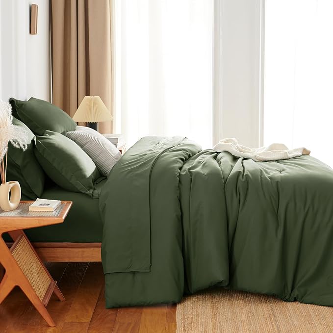 HIMEET King Comforter Set, 7-Piece Point-Quilted Bed in a Bag, Olive Green | OEKO-TEX Certified, Lightweight 240 GSM Comforter, Flat Sheet, 14-Inch Deep-Pocket Fitted Sheet, Pillowcases & Shams