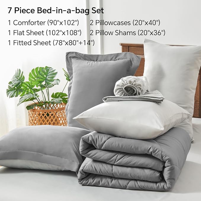 BEDELITE King Comforter Set 7 Pieces, Reversible Dark Grey Bed in A Bag | Soft All Season Down-Alternative Comforter, Sheets, Pillowcases & Shams, OEKO-TEX Certified Bedding for Bedrrom, Guest Room