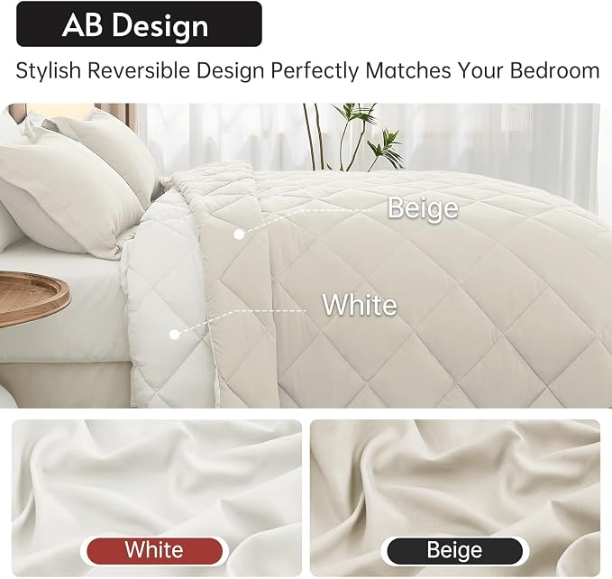 7 Pieces Queen Comforter Set, Reversible Bed in a Bag Queen Size, All Season Bedding Set with Comforter, Flat Sheet, Fitted Sheet, Pillowcases & Shams, Beige & White
