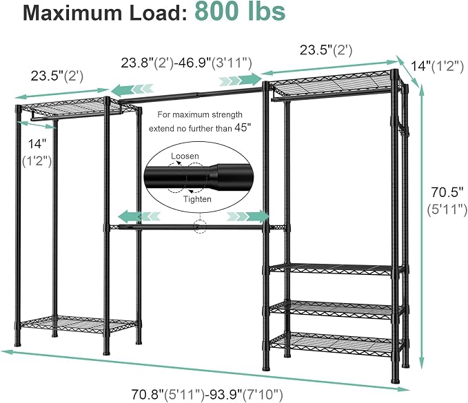 SEMHOR E06 Expandable Heavy Duty Clothes Rack for Reach-in Closet | Freestanding Clothing Racks with Shelves, Carbon Steel Closet Organizer System Adjustable 70.8-93.9", Max Load 800LBS, Black