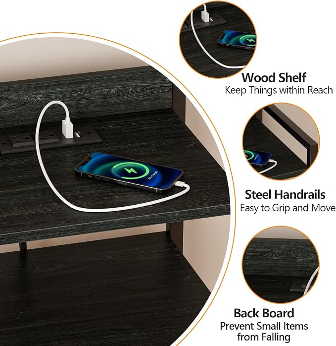 Furnulem Night Stand with Charging Station,LED,Tall Bedside Table for Dorm | 4 Drawer Dresser for bedroom, with LED light & Remote Control, Fabric Bins and Metal Frame,Wood Desk Top,Easy Assemble,Black