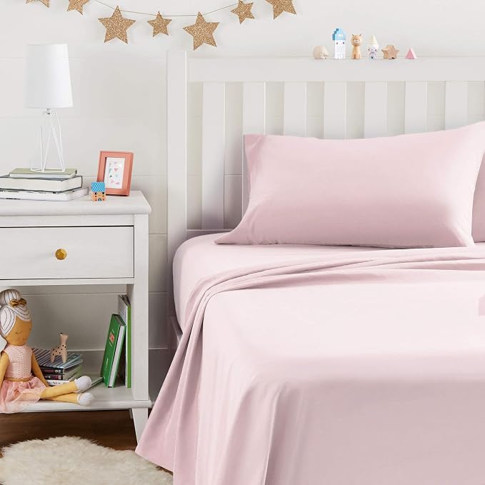Amazon Basics Kid's Soft, Breathable, Easy-Wash Microfiber 3-Piece Sheet Set, Machine Washable, Twin, Light Pink, Solid