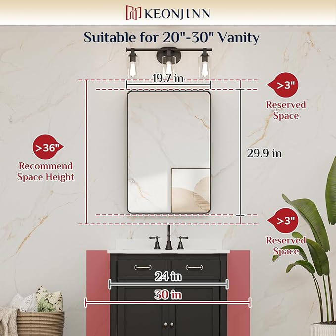 Keonjinn 20 x 30 Inch Brushed Nickel Bathroom Mirrors for Over Sink | HD Tempered Glass, Silver Vanity Mirror, Rust-Resistant Aluminum Frame, Rounded Rectangle, French Cleat Mount, Home Décor