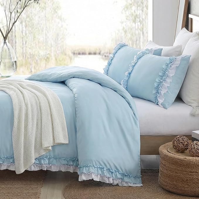 Bedrom Light Blue Duvet Cover Twin Ruffled Bedding Set Elegant Ruffle Lace Bedroom Decor Shabby Chic Farmhouse Style Blue Boho Duvet Cover Set