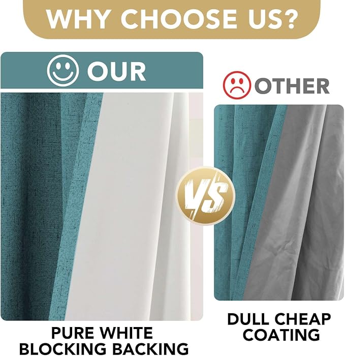 H.VERSAILTEX Linen Curtains 100% Blackout Curtains for Bedroom 102 inch Long Full Light Blocking Nature Linen Blended Window Curtains for Living Room Nickel Grommet (2 Panels, Teal)