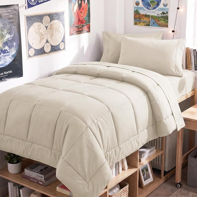 Twin XL Comforter Set Beige - 5 Pieces Twin XL Bed in a Bag | College Dorm Essentials, OEKO-TEX Certified, All Season, Down-Alternative Comforter + Flat & Fitted Sheets + 2 Pillowcases