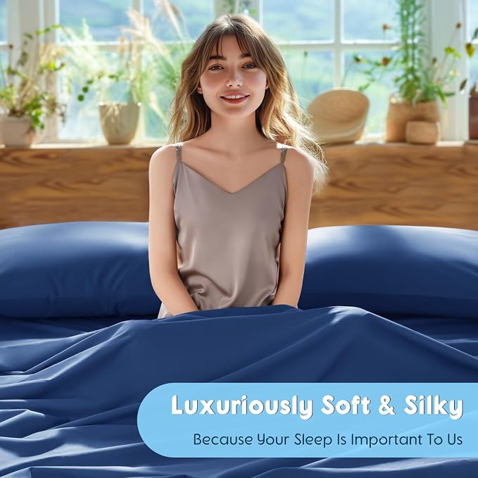 SONORO KATE 1000 Series 100% Egyptian Cotton Queen Sheet Set,4 Pieces | Soft,Breathable Long Staple,Sateen Weave,Luxury 5-Star Hotel Bed Sheets,16" Deep Pocket,Navy Blue