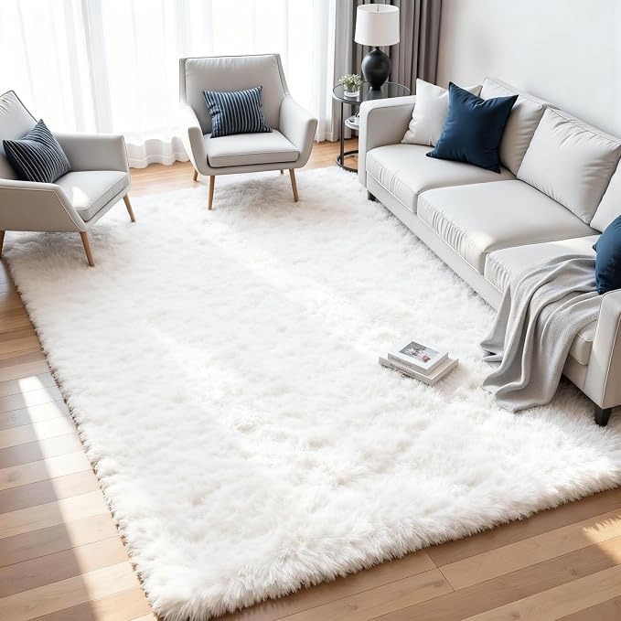 8x10 Fluffy Shag Area Rugs for Living Room Bedroom: Soft Plush Carpet White | Upgraded Non-Slip Thick Memory Foam, Ultra Soft, Non-Shedding Fuzzy Carpet, Easy Clean Decor for Kids Room, Nursery, Playroom