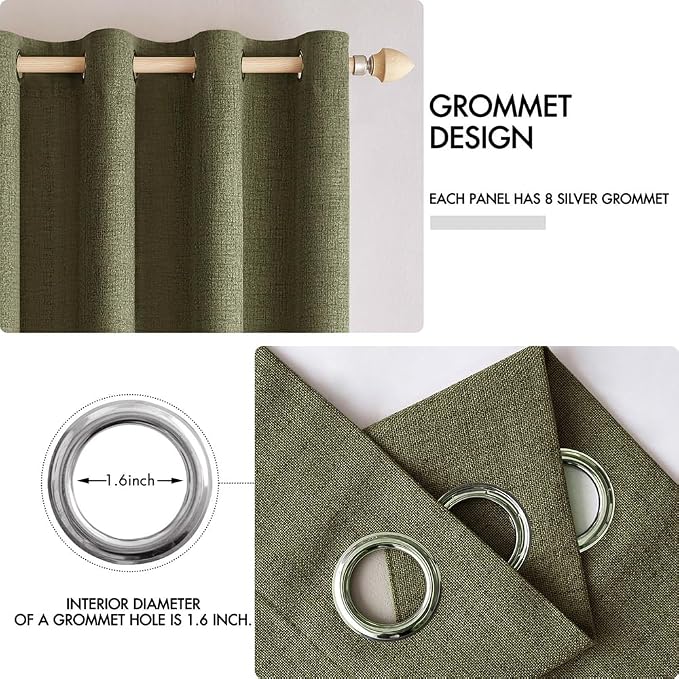 MIULEE 100% Blackout Linen Curtains for Bedroom 52x90 Light Olive Green | Room Darkening, Light Blocking, Thermal Insulated, Grommet Top, Linen Textured, Window Curtains for Living Room, 2 Panels